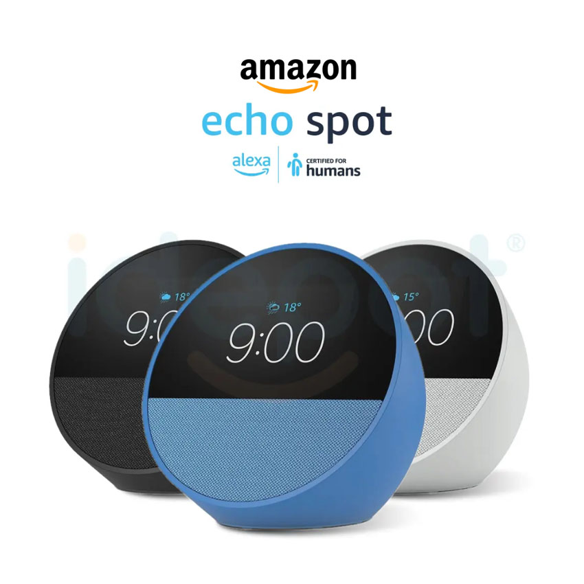 Three Echo Spot devices in black, blue, and white display a 9:00 time. Text above reads "Amazon Echo Spot", with Alexa branding.