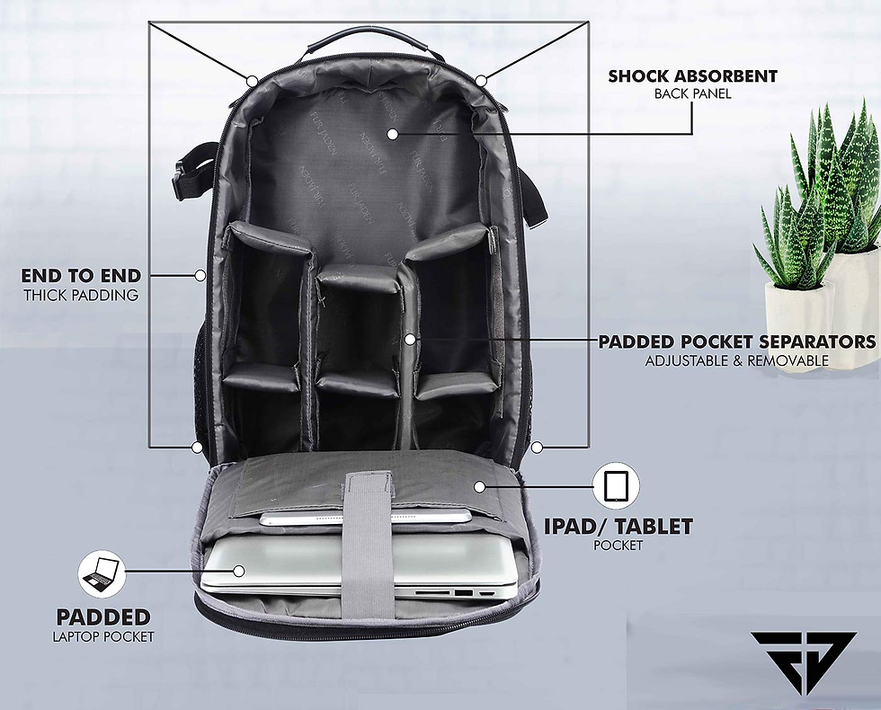 Open black backpack with thick padding, adjustable pocket separators, and padded laptop compartment. Text highlights features. Green plants nearby.