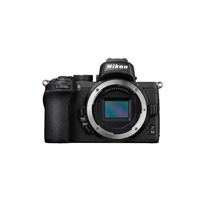 Black Nikon Z50 mirrorless camera on a white background, showing the sensor and controls.