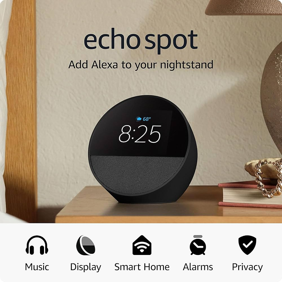 Black Echo Spot showing 8:25 on a wooden nightstand with text "echo spot" and "Add Alexa to your nightstand." Beige wall background.