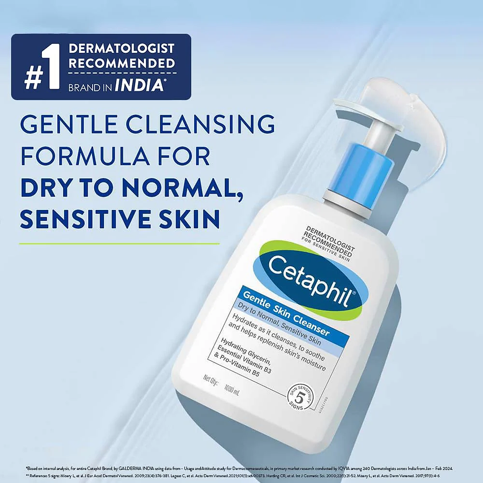 Cetaphil cleanser bottle on a light blue background. Text reads: "Gentle Cleansing Formula for Dry to Normal, Sensitive Skin." "#1 Dermatologist Recommended."