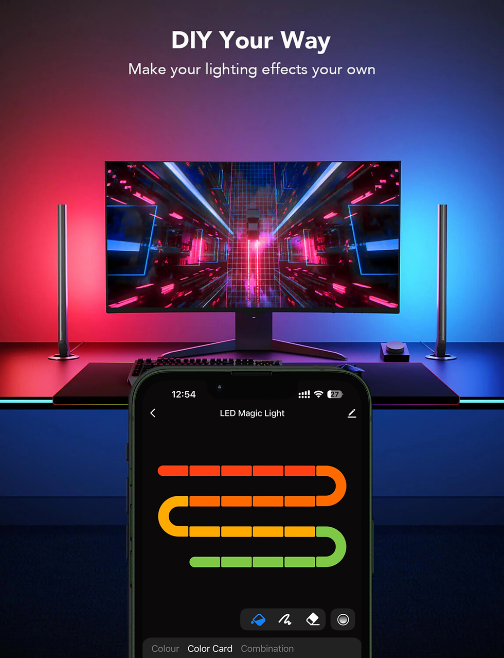 LED lighting setup with red and blue lights flanking a monitor. A smartphone displays a LED control app. Text: "DIY Your Way".
