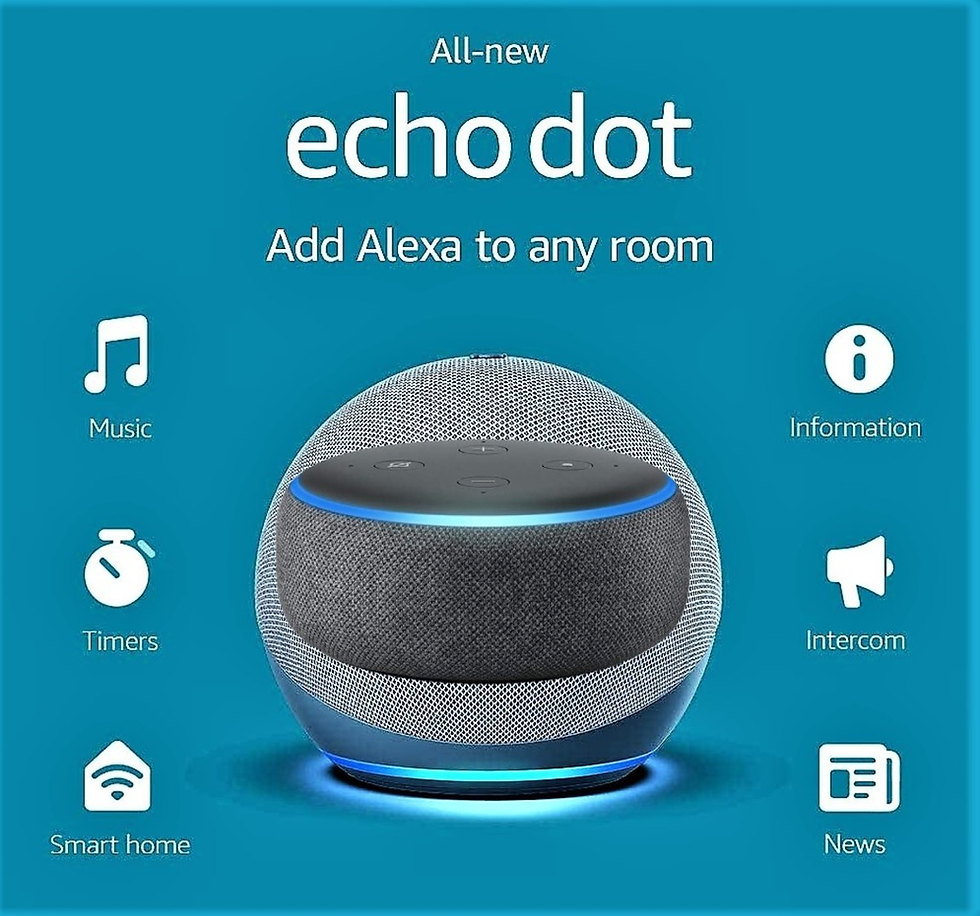 Blue ad for new Echo Dot. Device with glowing blue ring. Text highlights Alexa integration. Icons suggest music, info, timers, news.