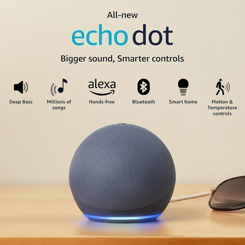Blue Echo Dot on a wooden table with glowing base. Text highlights features: deep bass, Bluetooth, Alexa. Sunglasses nearby.