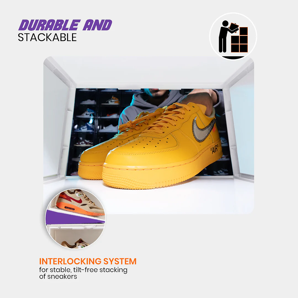 Yellow sneakers in a white, stackable box with interlocking system. Background shows a sneaker collection. Text: "DURABLE AND STACKABLE."