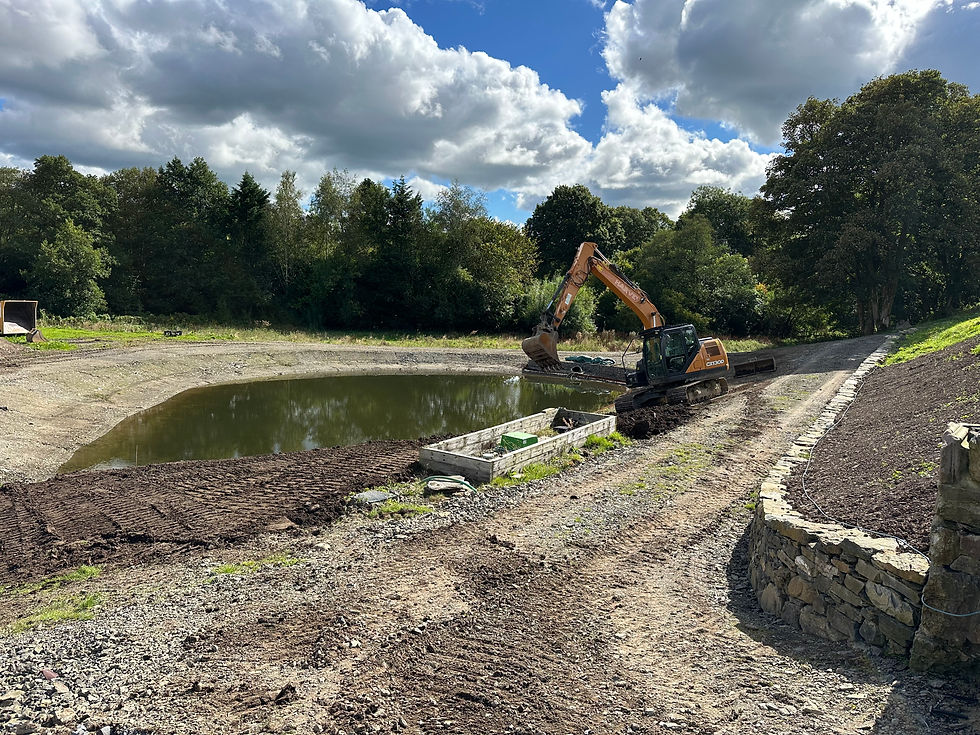 Excavator landscaping a pond area with stone walls.