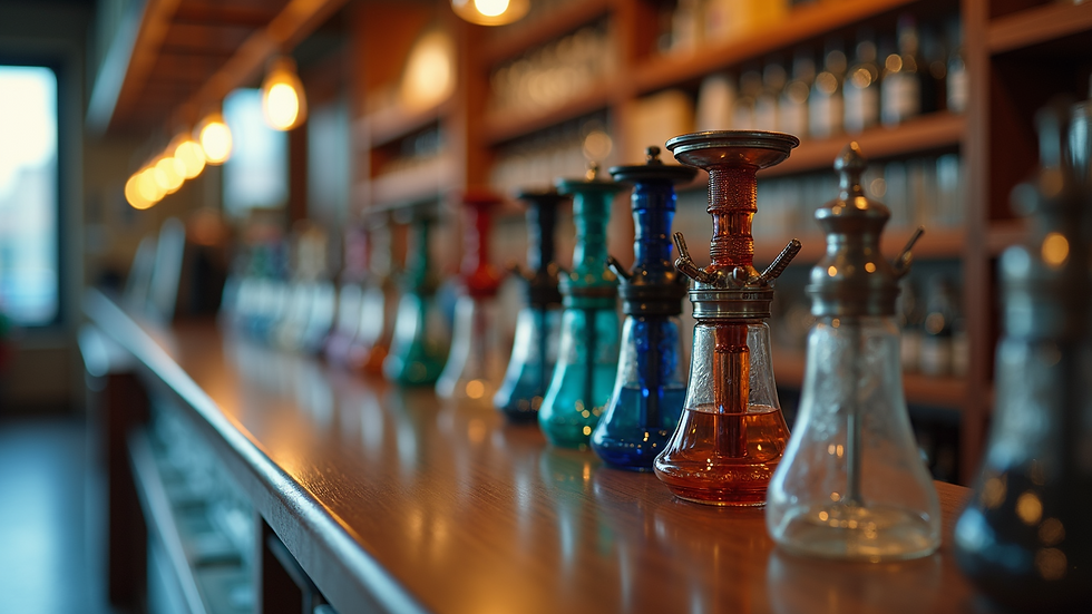 Close-up view of a retail display with various hookah products