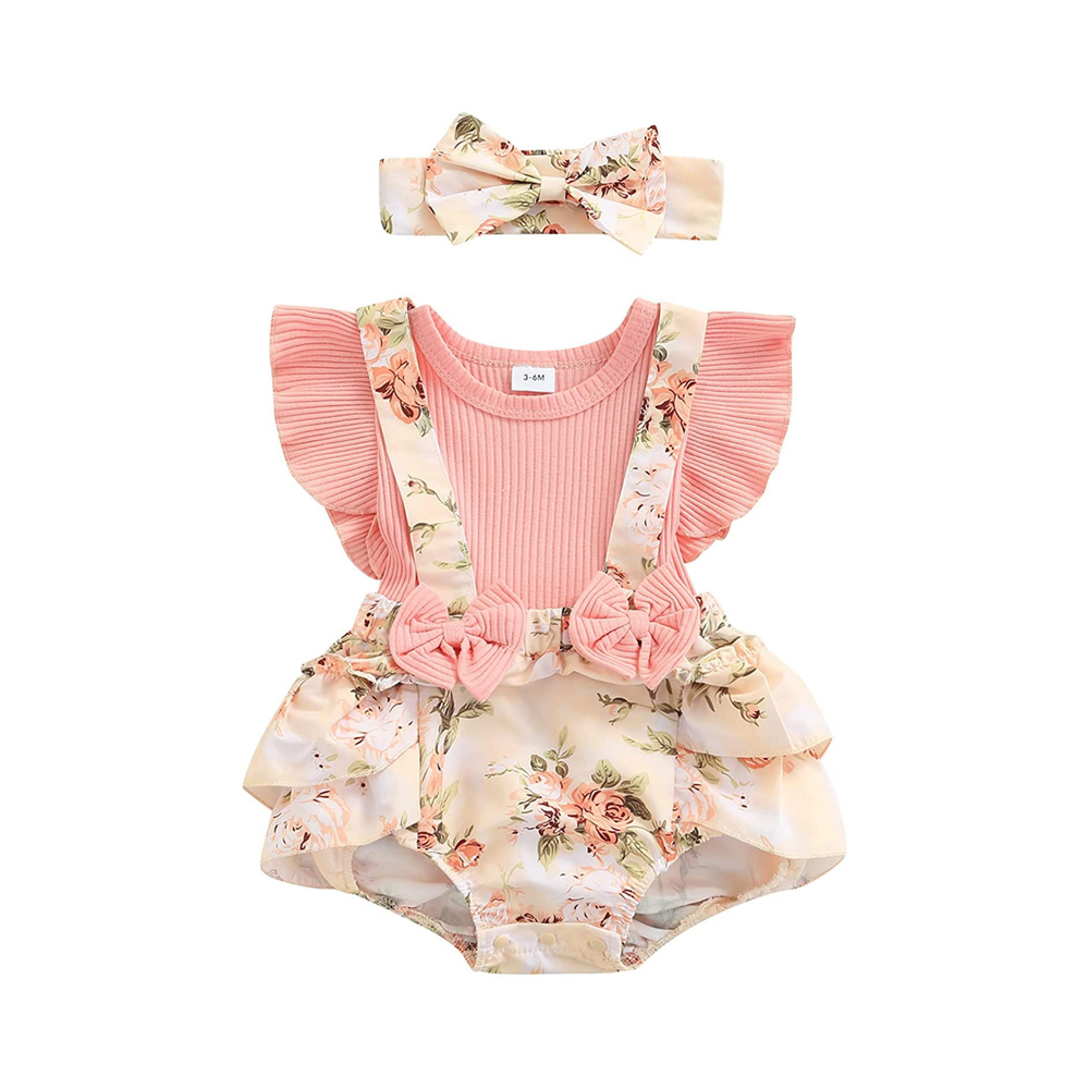 Peach Floral Suspender Romper & Headband Set