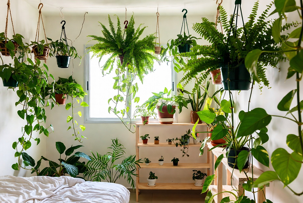 Composição vertical de plantas em prateleiras e vasos pendentes em apartamento pequeno