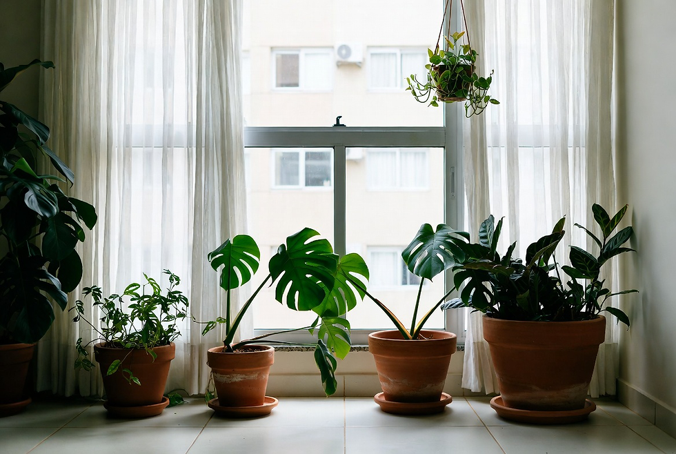 Plantas de interior recebendo luz natural indireta perto da janela com cortina leve em apartamento