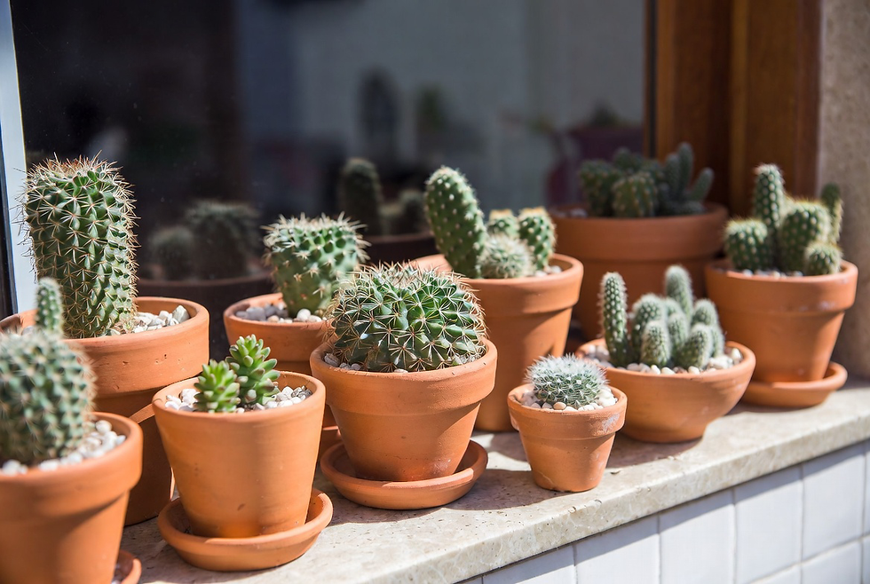 Cactos pequenos e Mammillaria em vasos de terracota na janela de apartamento