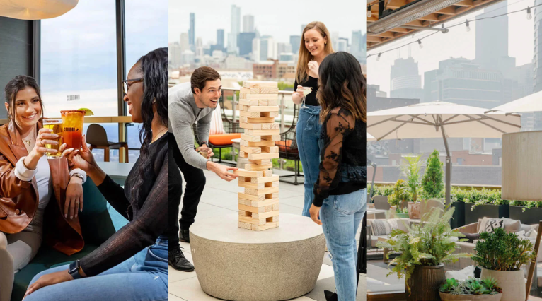Group of friends being social, playing games outside on a rooftop.