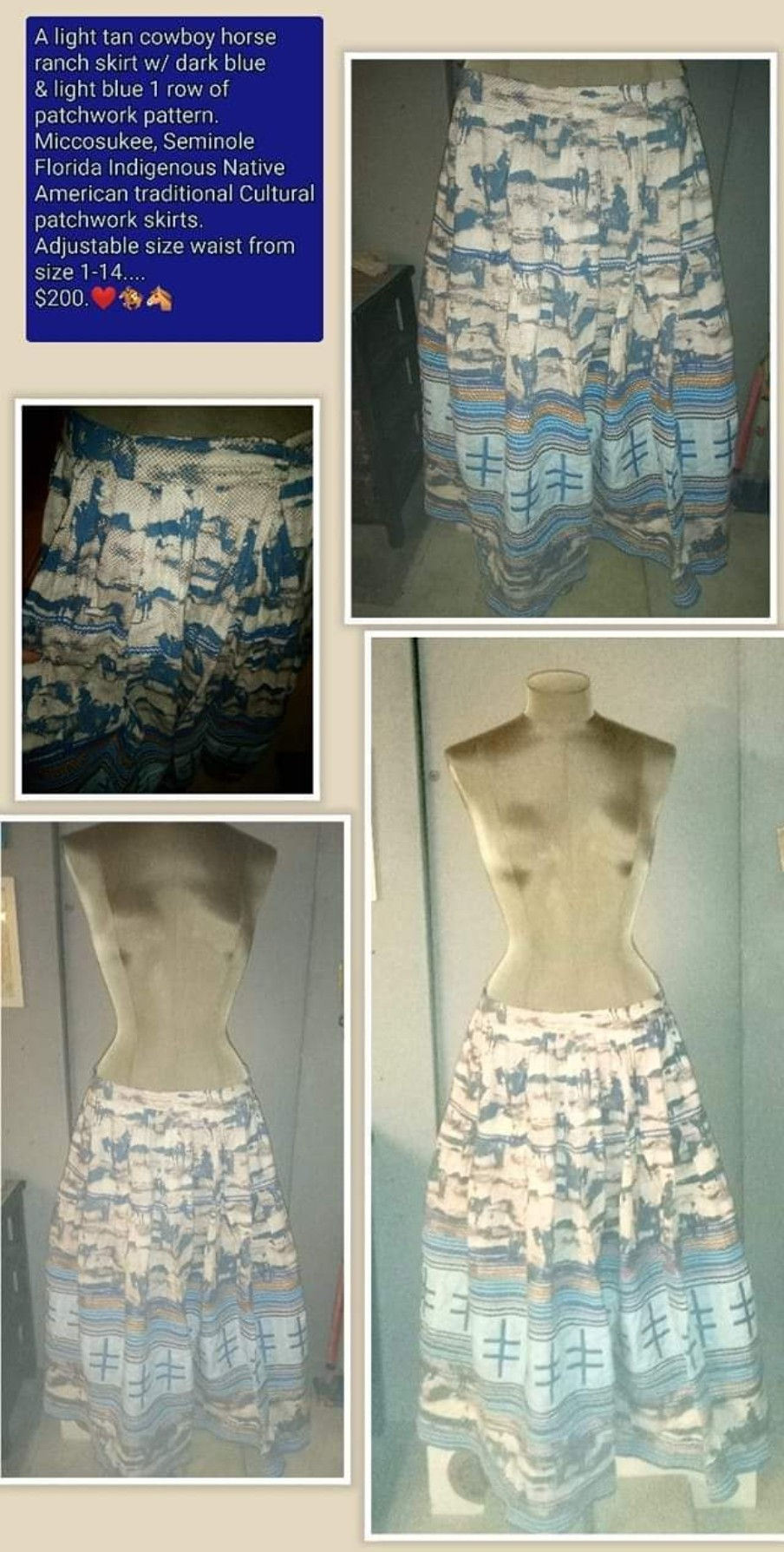 Thumbnail:  Cowboy horse ranch skirt w/ dark blue & light blue 1 row of patchwork.