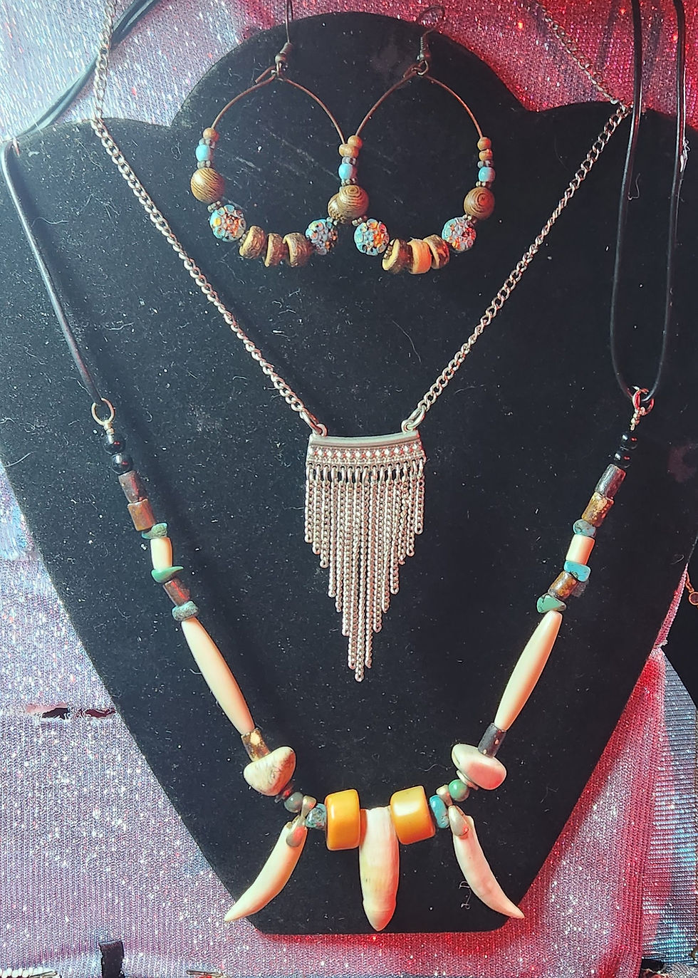 Thumbnail: Gator tooth,Coral, turquoise,  Buffalo bone adjustable necklace 