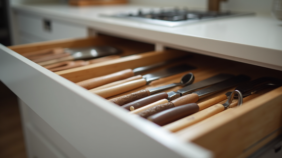 Close-up view of neatly organized kitchen drawers with essential utensils