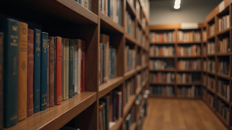 Eye-level view of a bookshelf filled with various books