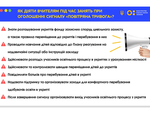 ЯК ДІЯТИ ВЧИТЕЛЯМ ТА УЧНЯМ ПІД ЧАС ЗАНЯТЬ ПРИ ОГОЛОШЕННІ СИГНАЛУ «ПОВІТРЯНА ТРИВОГА»?