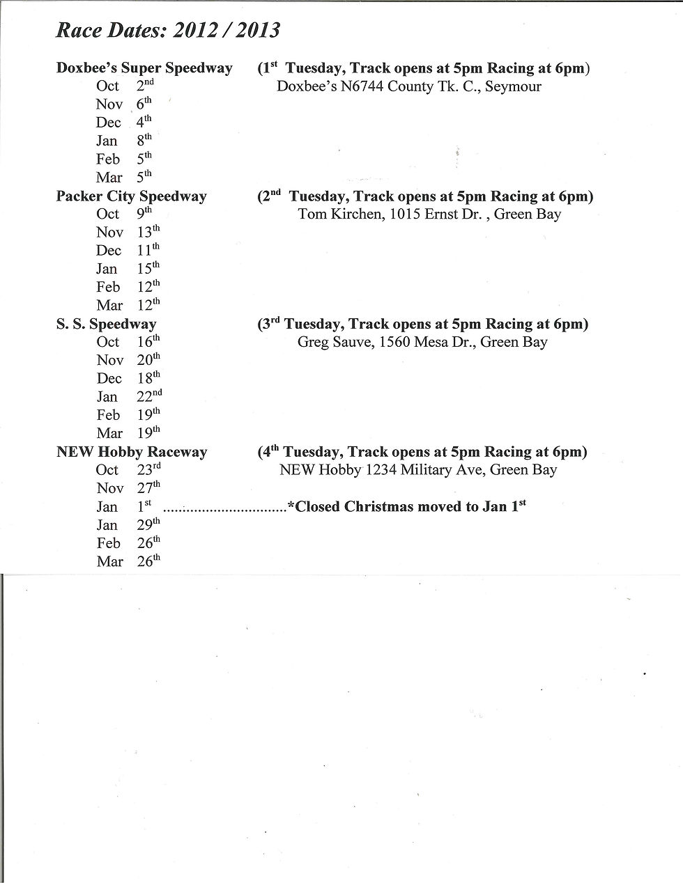 2012-13 TNT Schedule