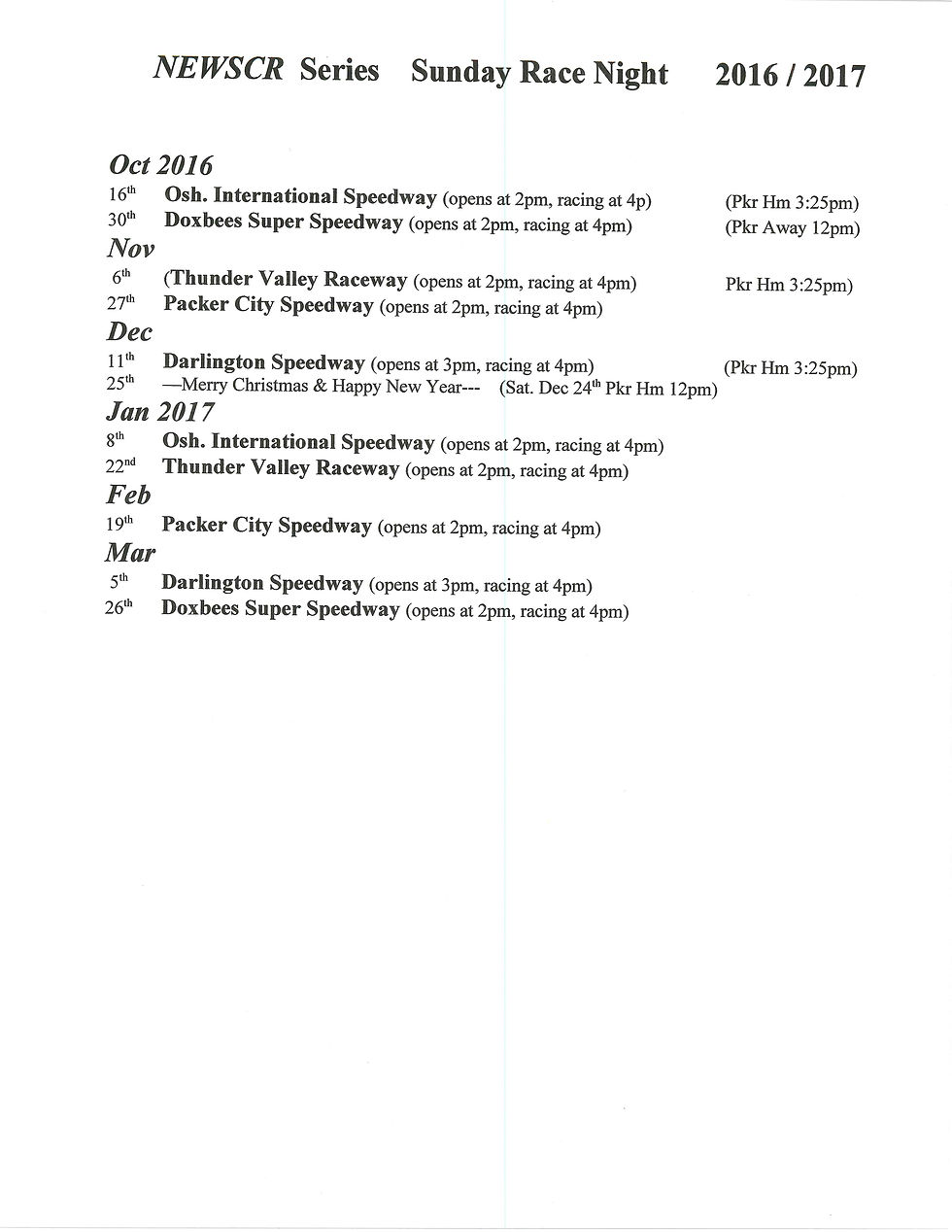 2016-17 NEWSCR Schedule