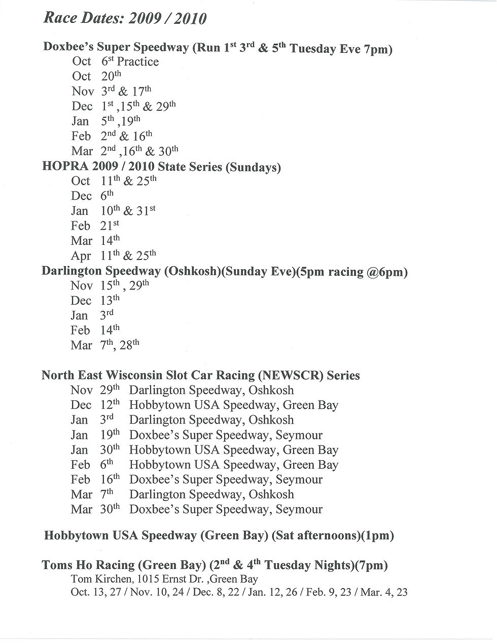 2009-10 NEWSCR Race Schedule