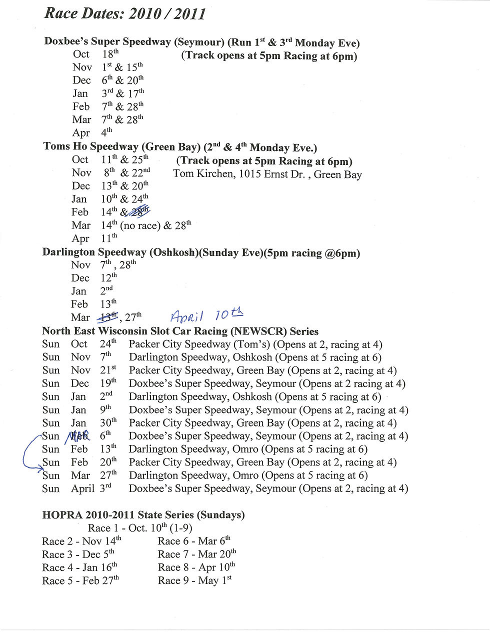 2010-11 Race Schedule