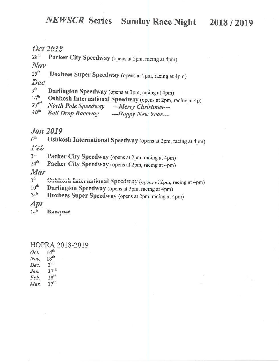 2018-19 NEWSCR Schedule