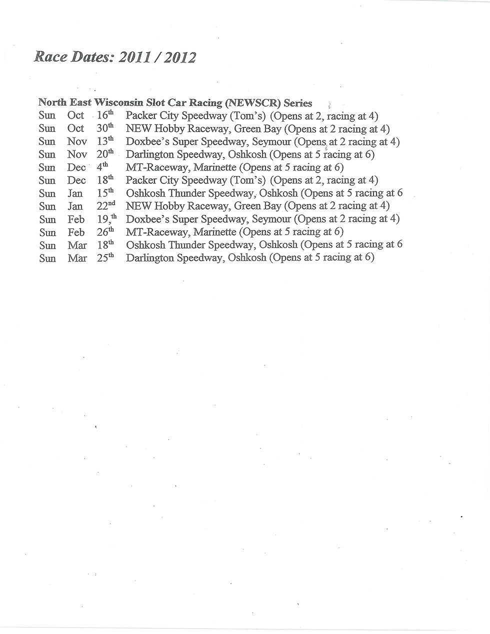 2011-12 NEWSCR Schedule