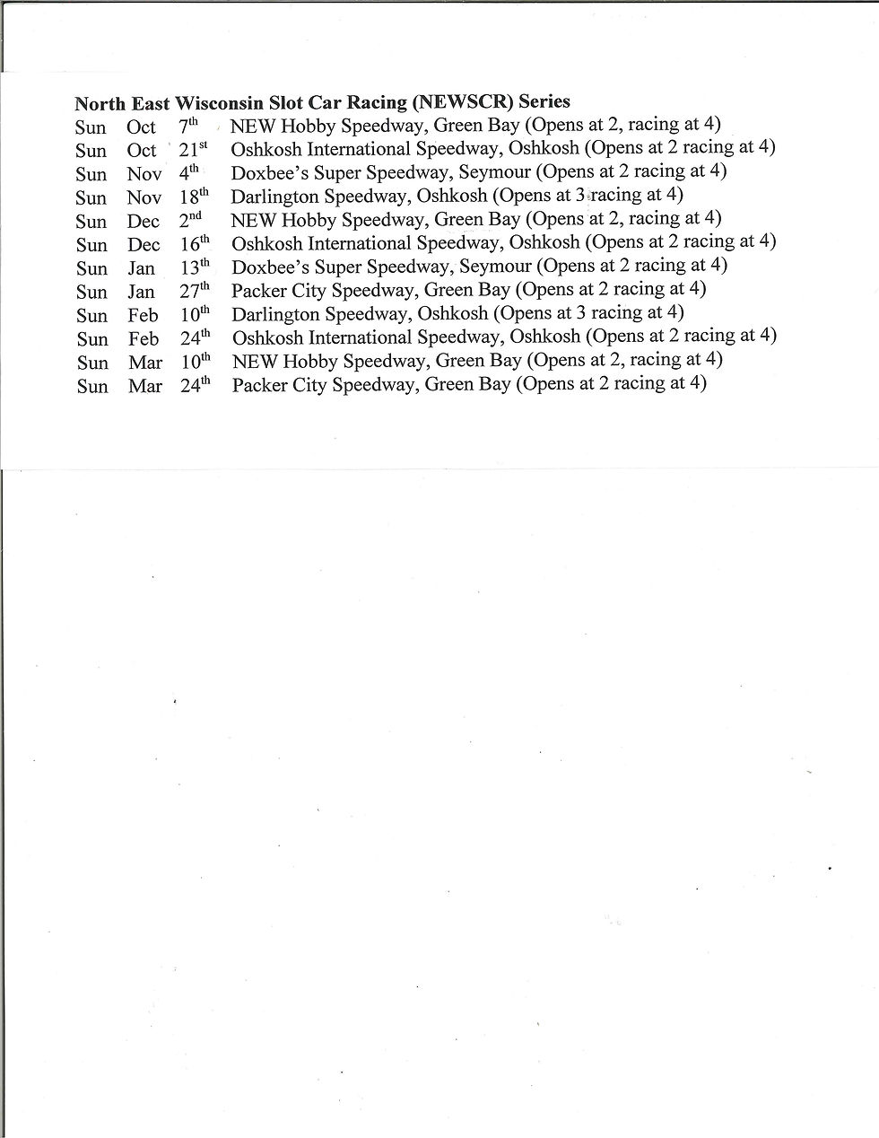 2012-13 NEWSCR Schedule