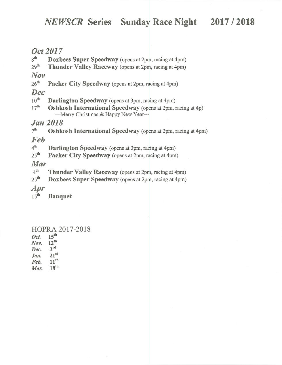 2017-18 NEWSCR Schedule