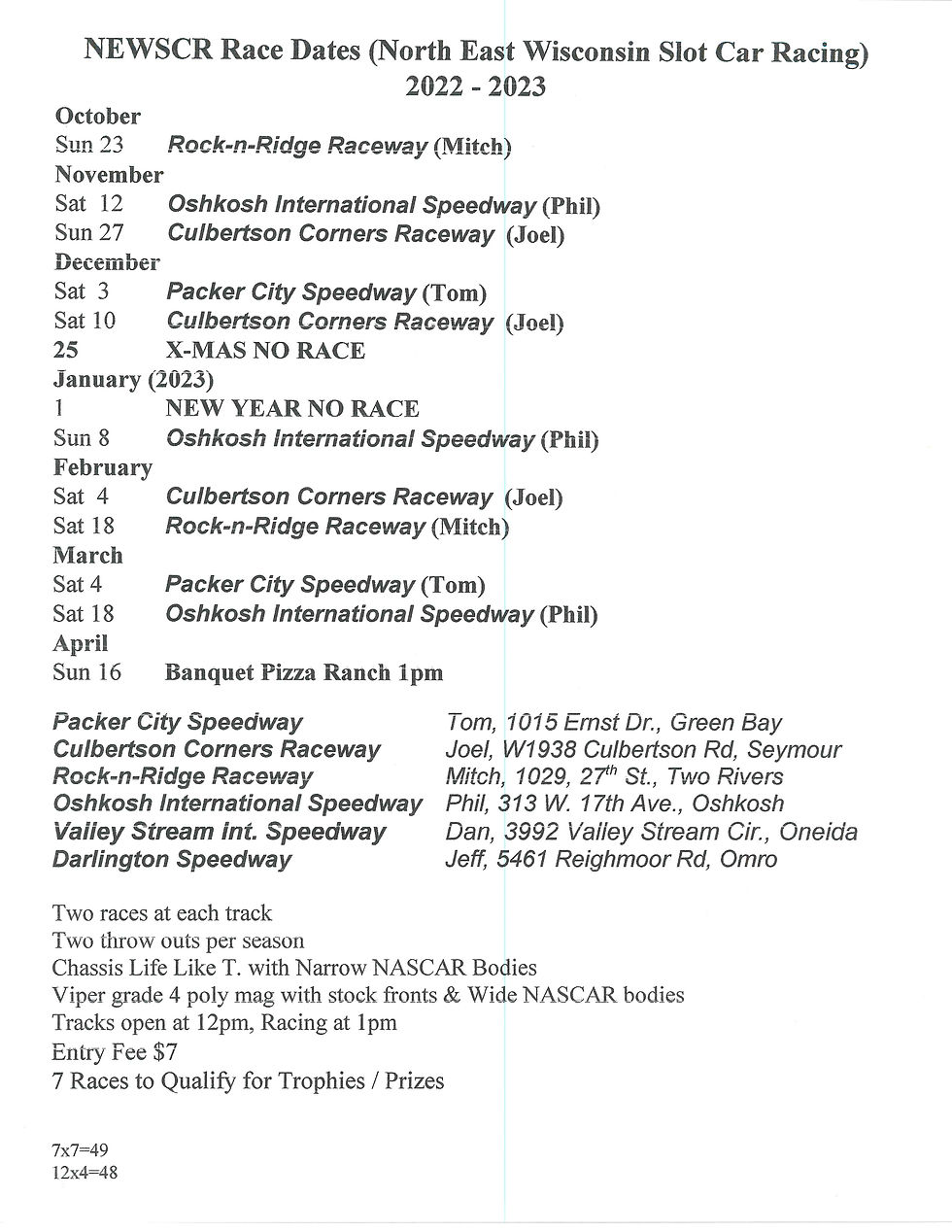 2022-2023 NEWSCR Race Schedule
