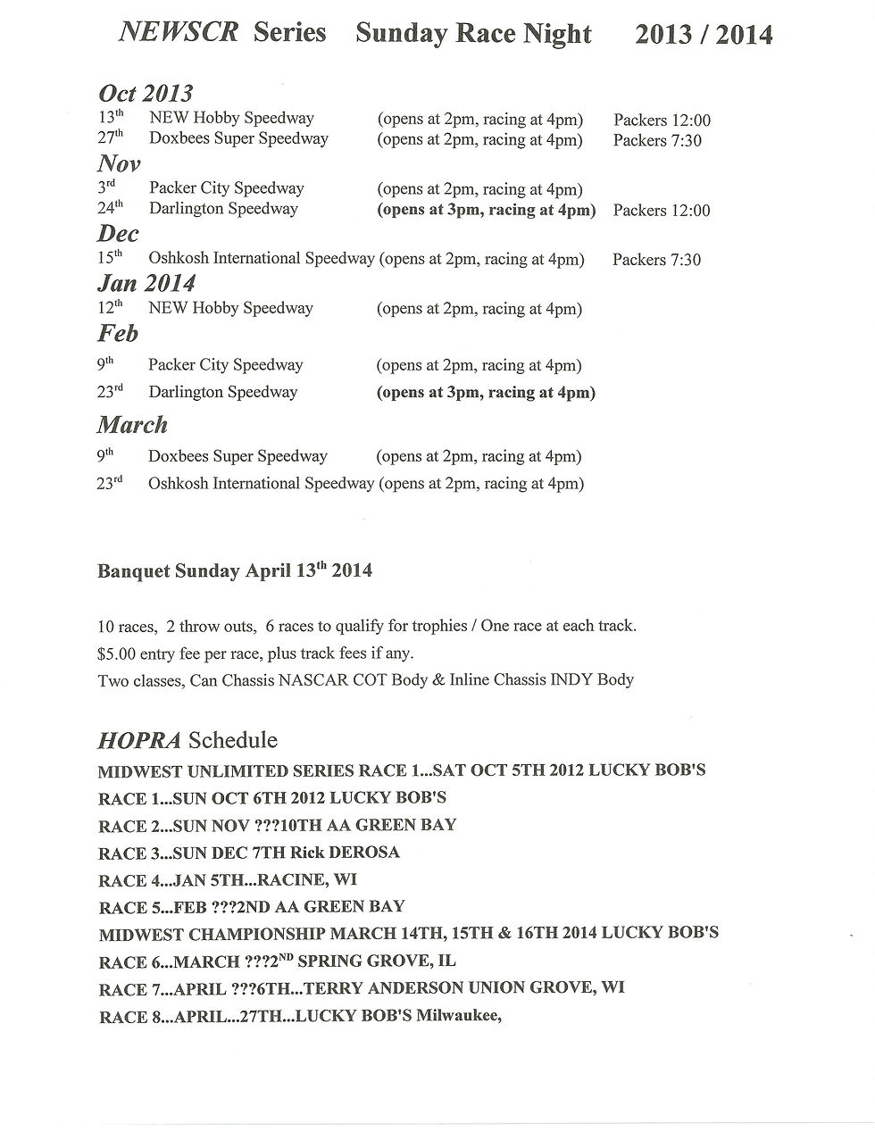 2013-14 NEWSCR Schedule