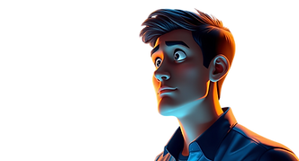 Animated scene man with curious, focused expression interacts with blockchain technology i