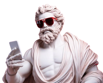 Estatua del busto blanco del dios griego con gafas de sol sosteniendo un fondo rojo de tel