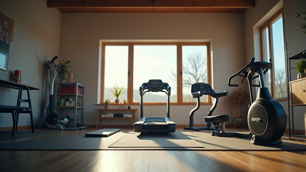 Eye-level view of a home workout space with fitness equipment