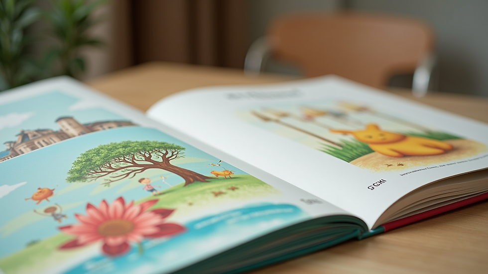 Close-up view of colorful children’s book illustrations on a table