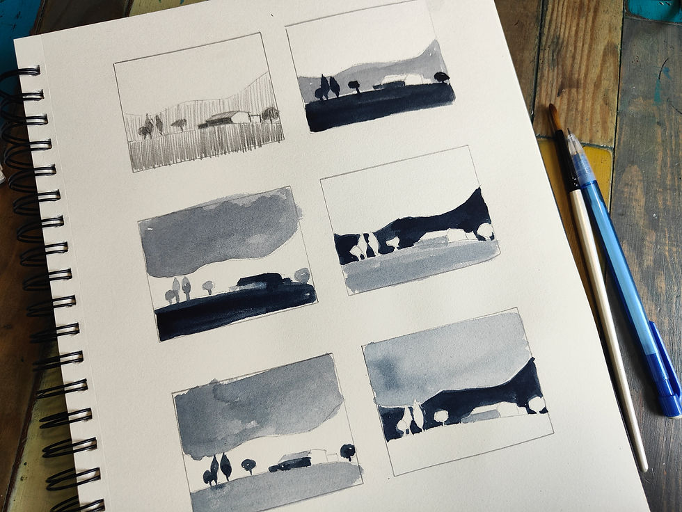 Sketchbook with 6 landscapes painted in black, grey and white.
