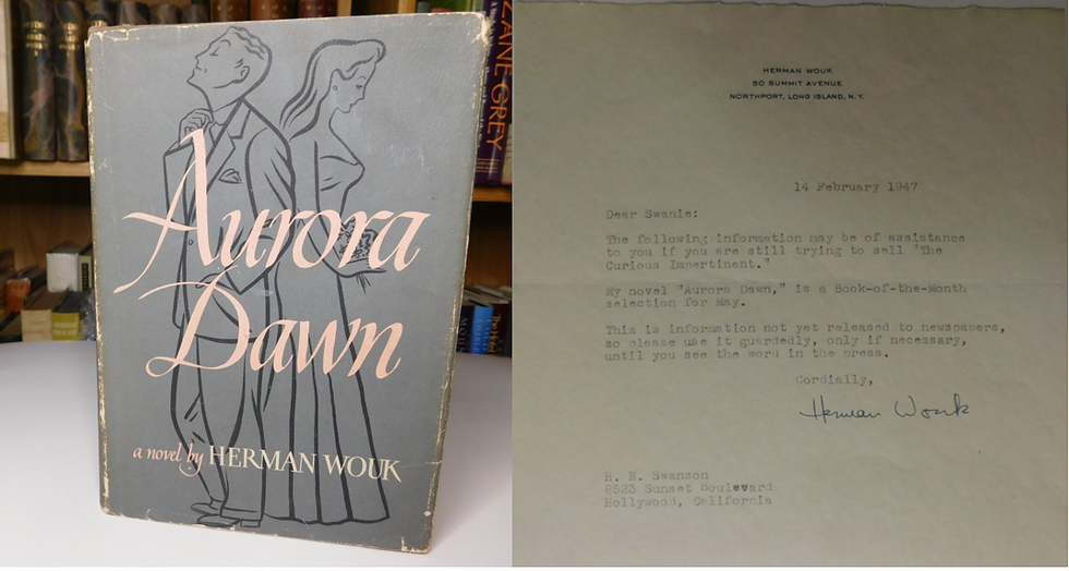Herman Wouk Typed Signed Letter & 1947 1st Edition of Aurora Dawn