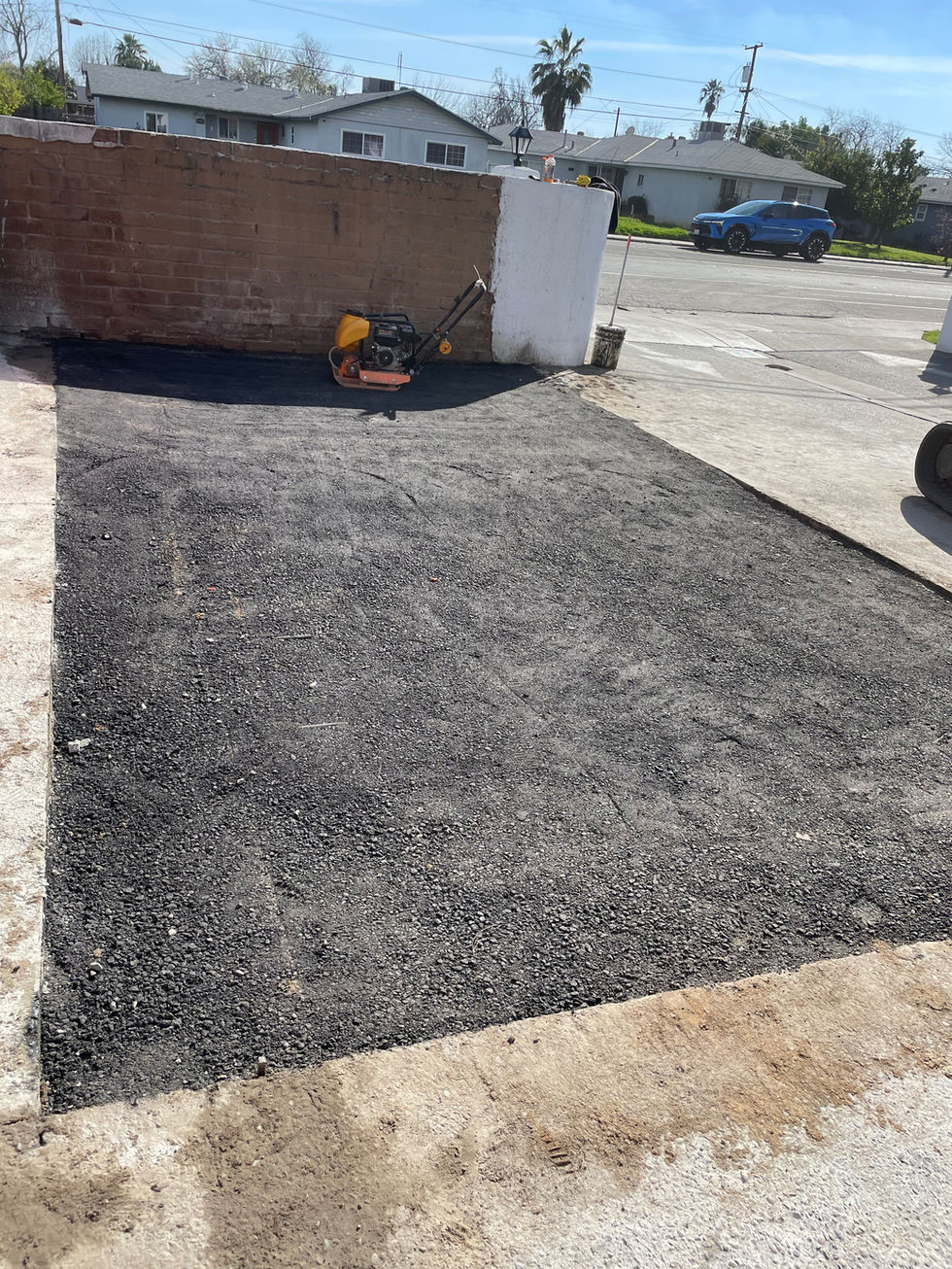 Freshly paved asphalt driveway in a residential area.