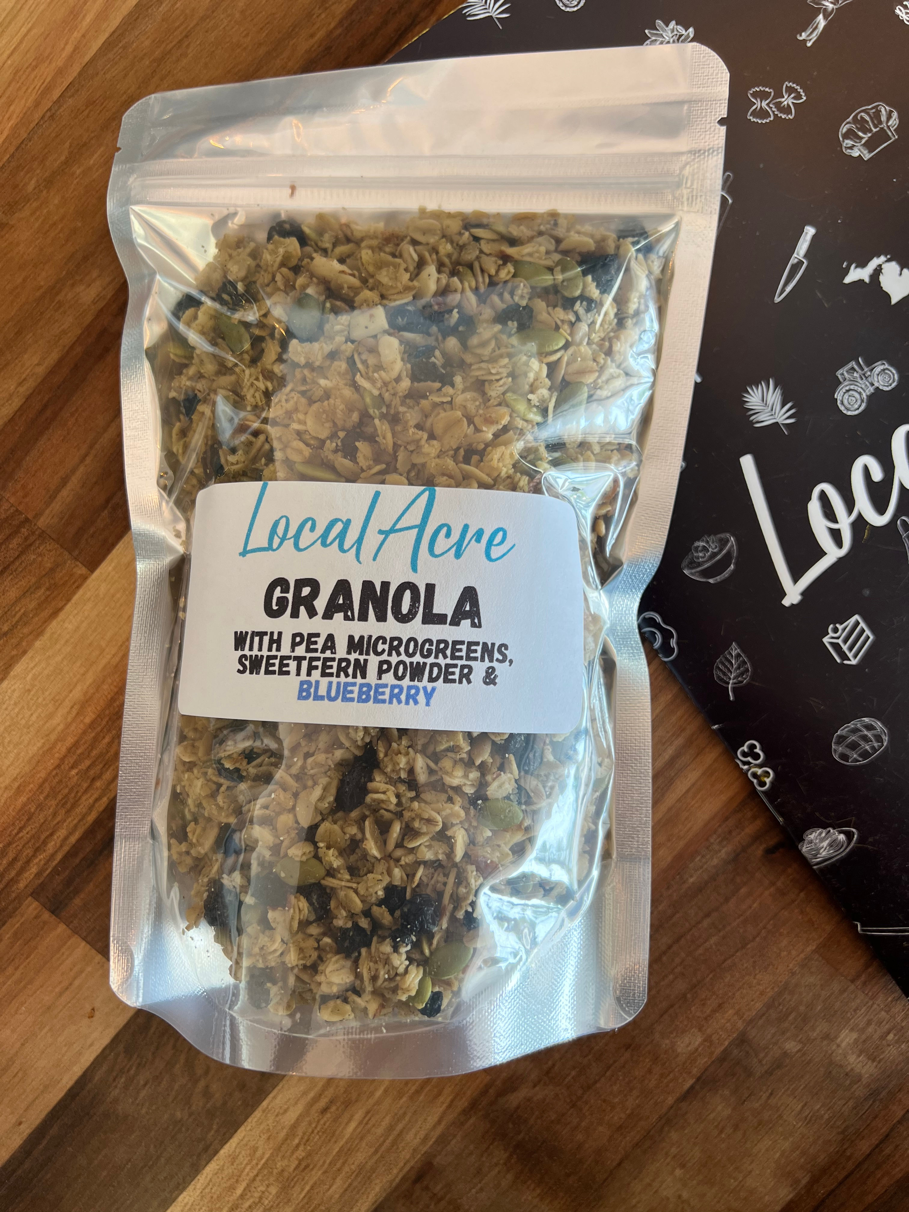Blueberry Granola infused w/ Pea Microgreen & Sweetfern Powder