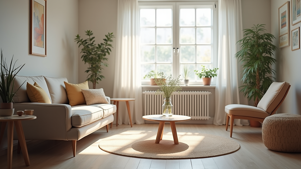 Eye-level view of a serene counselling room with comfortable seating
