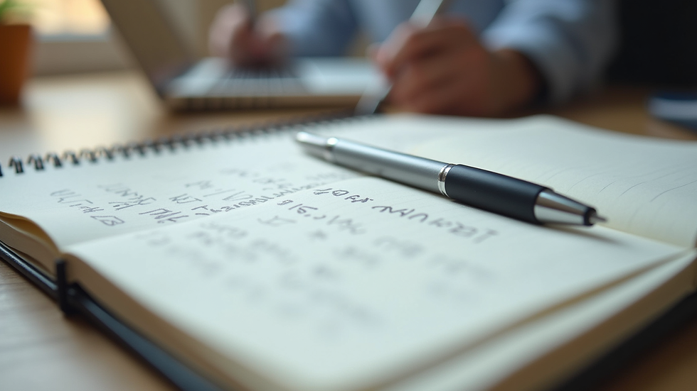 Close-up of a notebook with emotional management notes and a pen