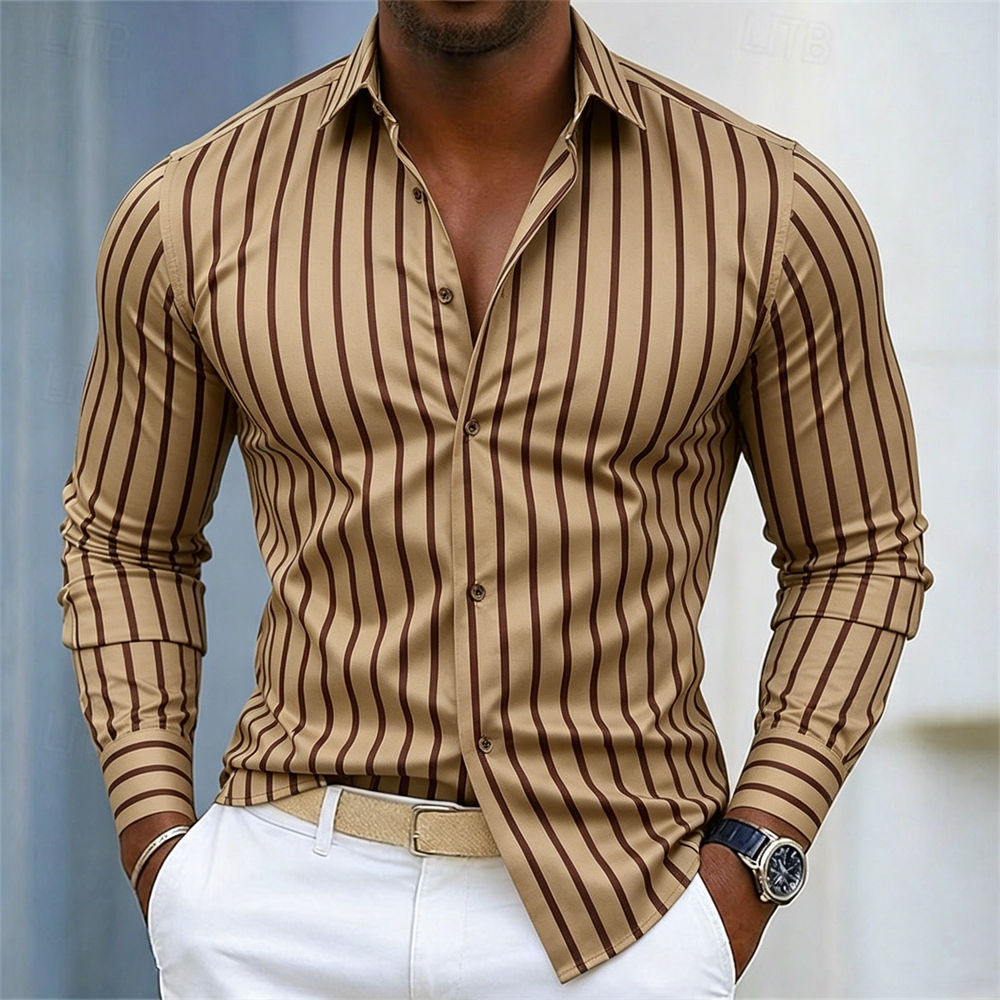 Men Smooth Satin Texture Vertical Stripe Long Sleeve Shirt Slim Fit Button Up Ca