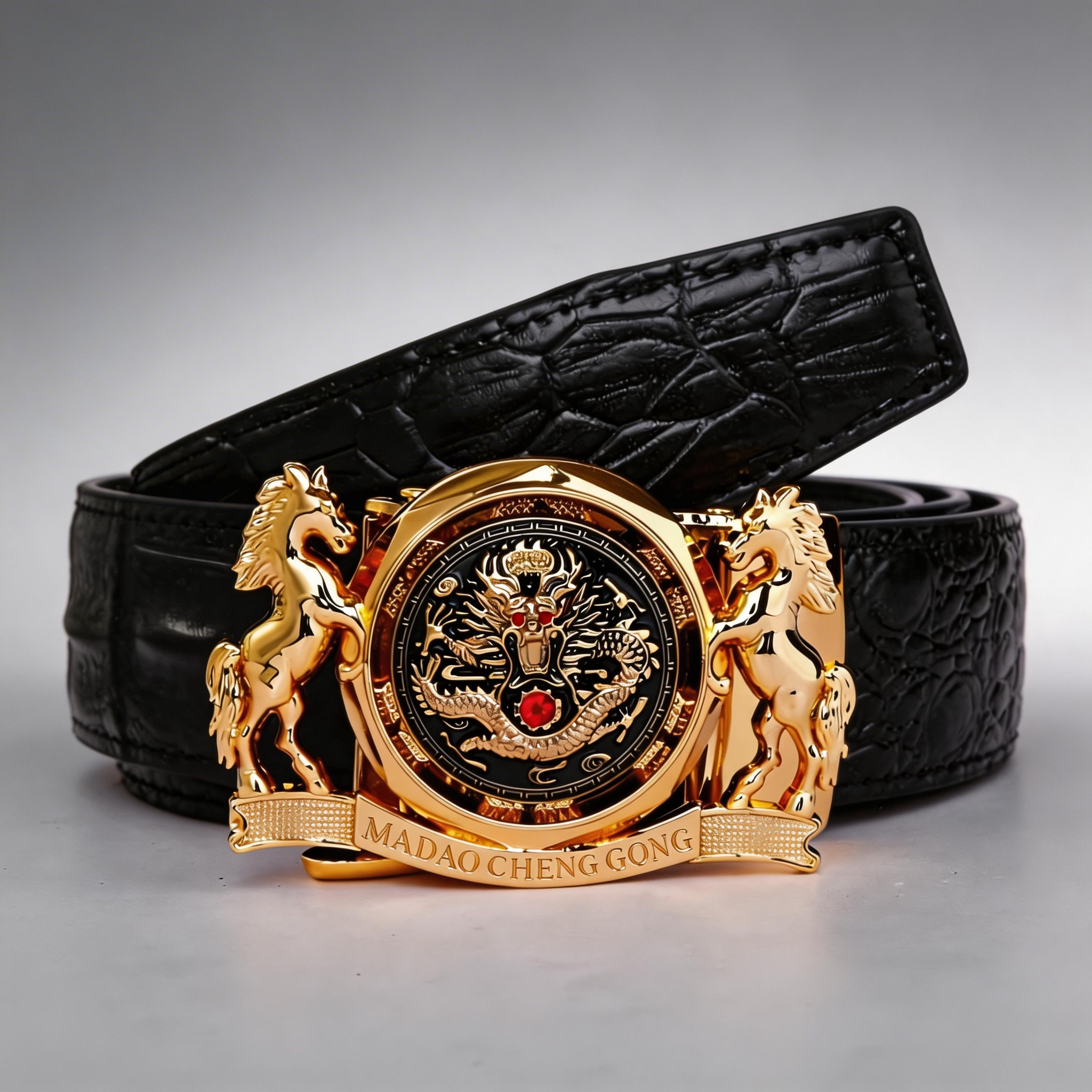 Luxury Dragon & Horse Automatic Buckle Belt - Gold Plated Crocodile Leather Wais