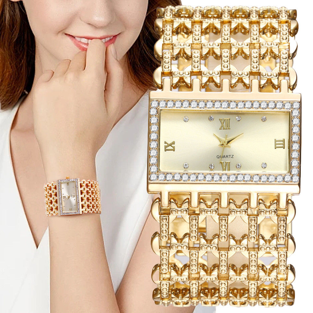 Luxury Noble Gold Ladies Quartz Watch Fashion Women's Skeleton Bracelet full Dre