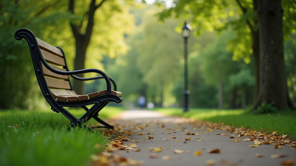 Eye-level view of a serene park bench surrounded by lush greenery