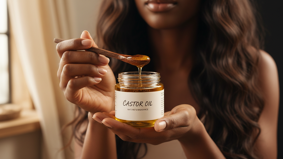 Close-up view of a jar of castor oil with a wooden spoon