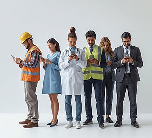 Front view of employees from different professions standing side by side, all looking at t