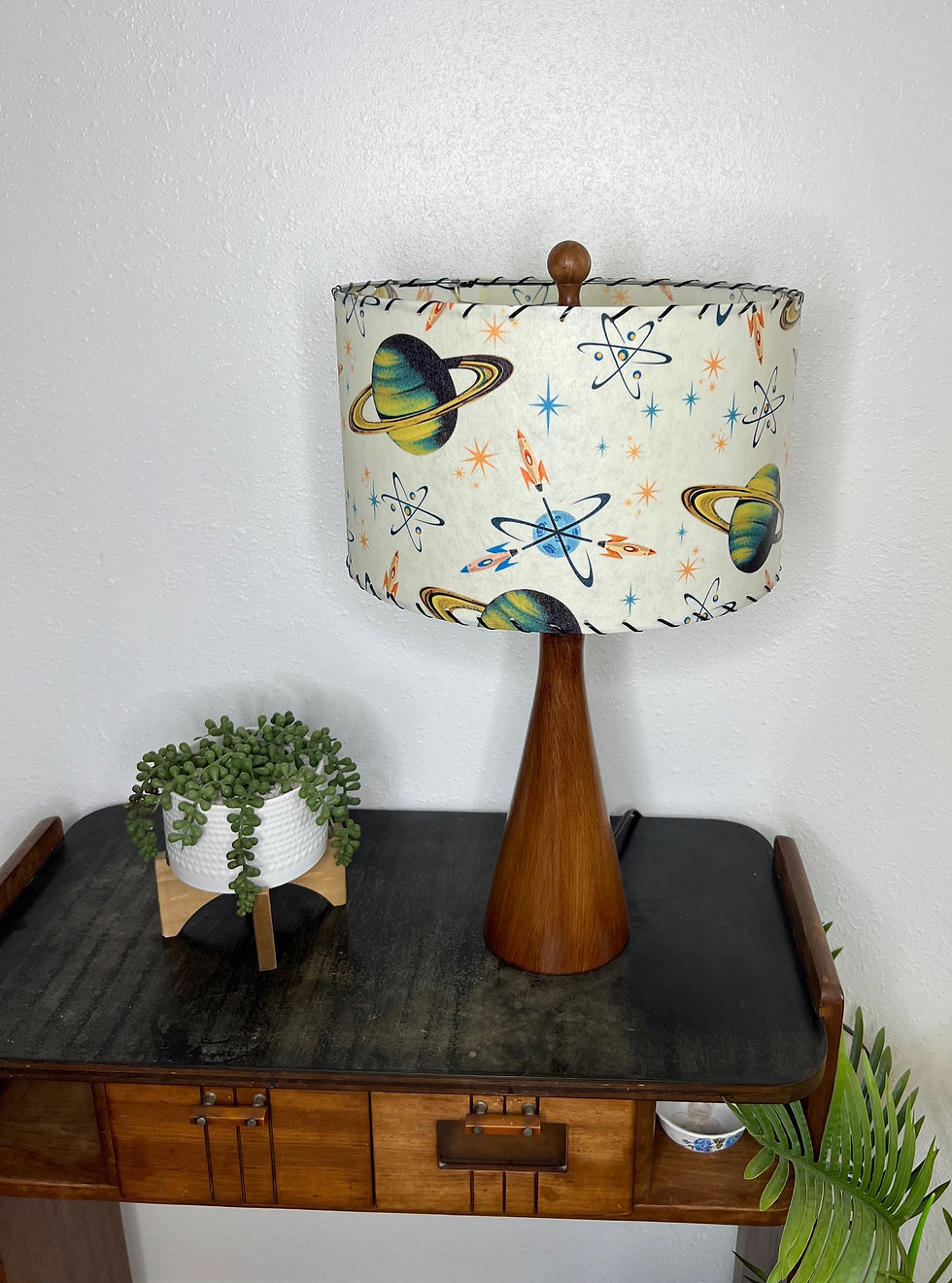 Thumbnail: Handmade Fiberglass Lamp Shade MCM Atomic Rockets Moon & Saturn Star 13"d x 8"h