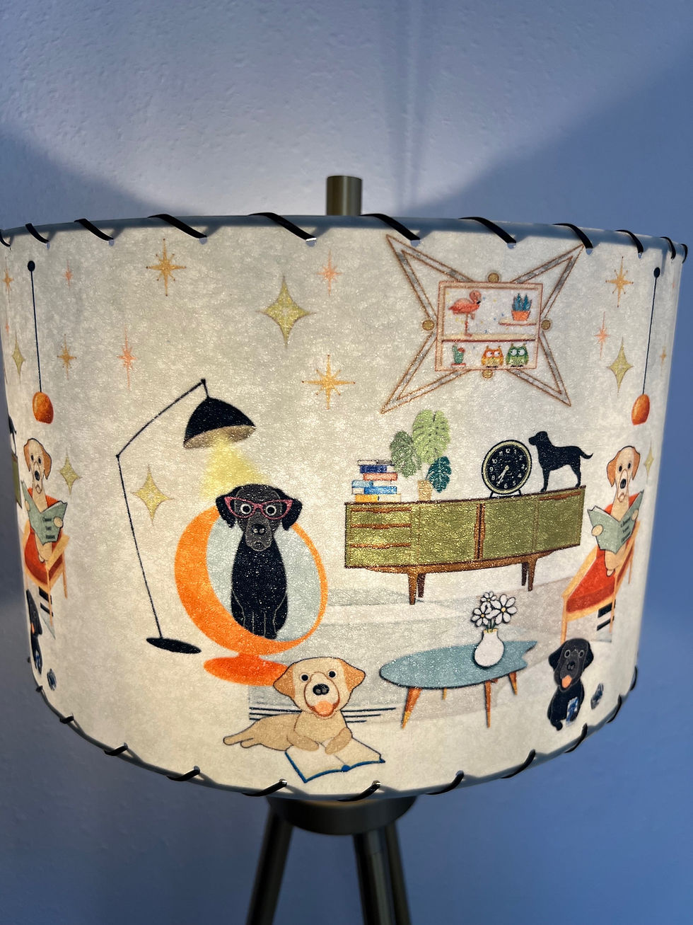 Thumbnail: Handmade Fiberglass Lamp Shade MCM Atomic Labrador Retriever Dogs #1 -13"d x 8"h