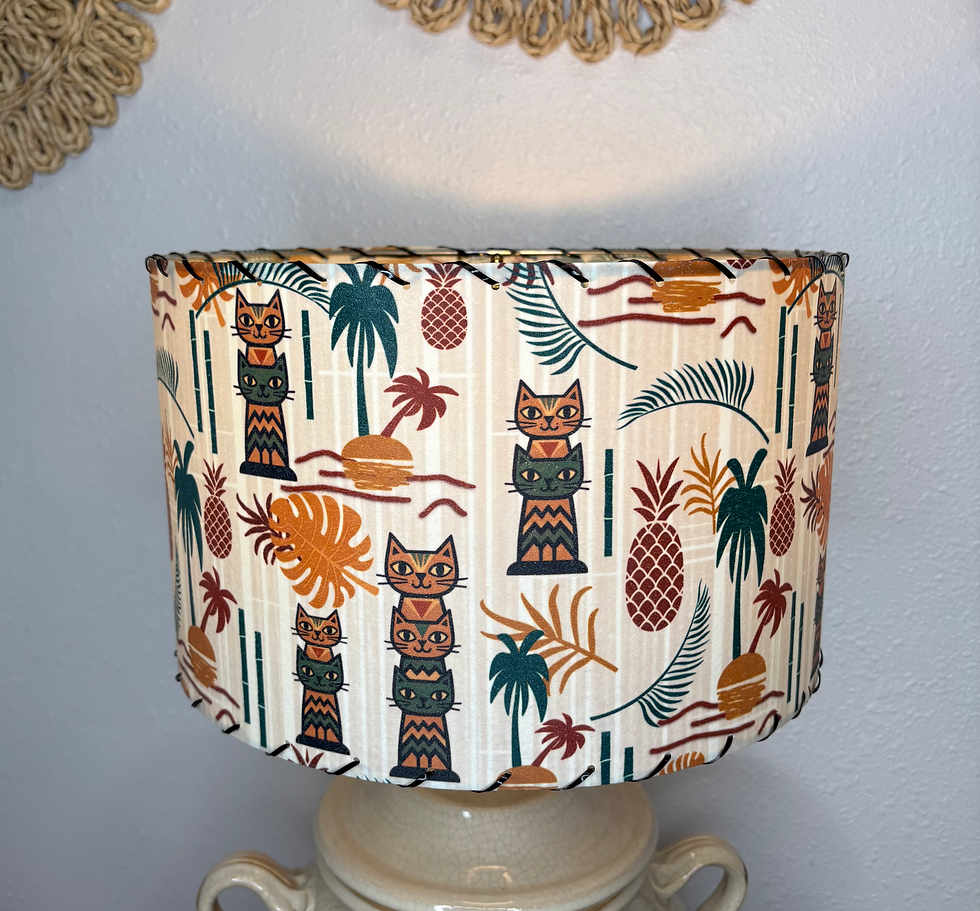 Thumbnail: Handmade Fiberglass Lamp Shade MCM Polynesian Tiki Kitty - 13”d x 8”h